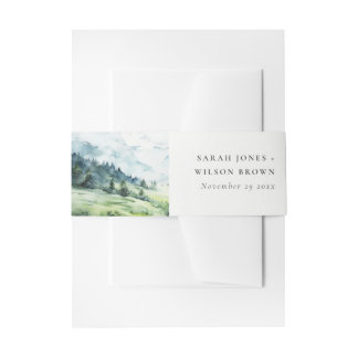 Soft Watercolor Snow Mountain Landscape Wedding Invitation Belly Band