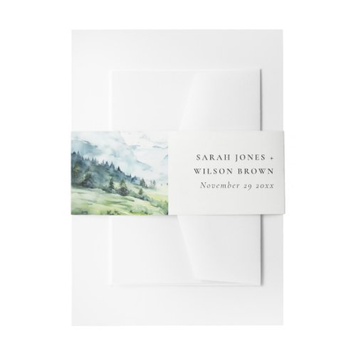 Soft Watercolor Snow Mountain Landscape Wedding Invitation Belly Band