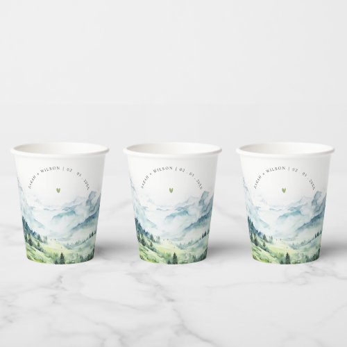 Soft Watercolor Snow Mountain Landscape Wedding Paper Cups