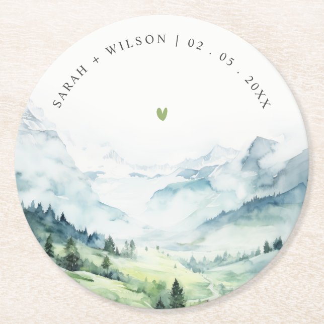 Soft Watercolor Snow Mountain Landscape Wedding Round Paper Coaster (Front)