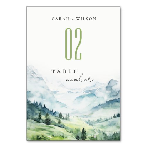 Soft Watercolor Snow Mountain Landscape Wedding Table Number