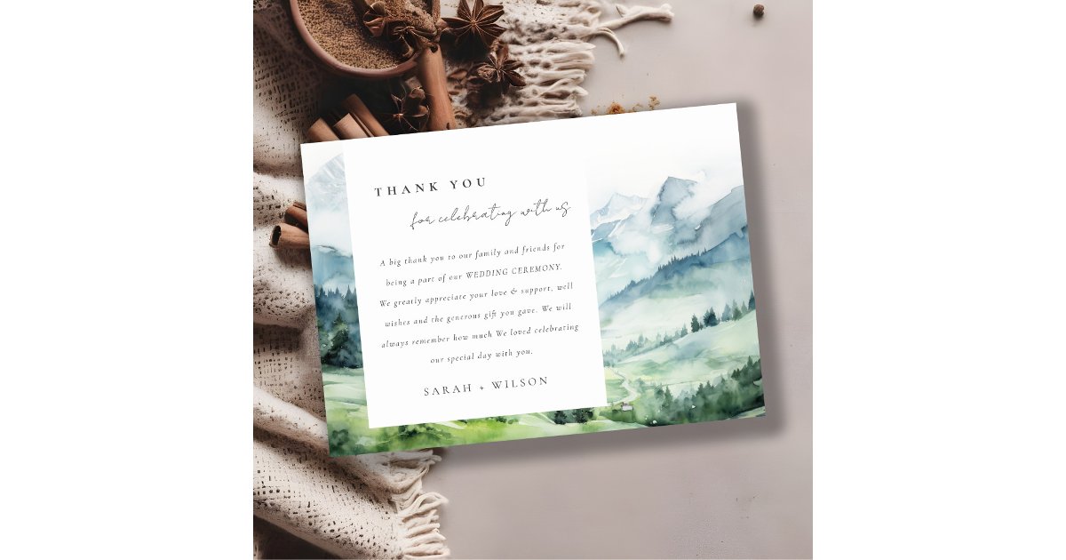Soft Watercolor Snow Mountain Landscape Wedding Thank You Card | Zazzle