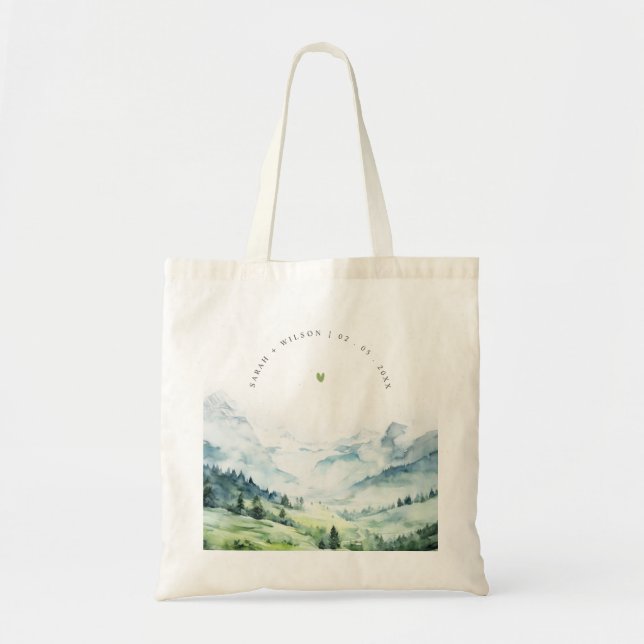 Soft Watercolor Snow Mountain Landscape Wedding Tote Bag (Front)