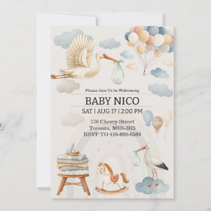 Soft Watercolor Stork Baby Shower Invitation