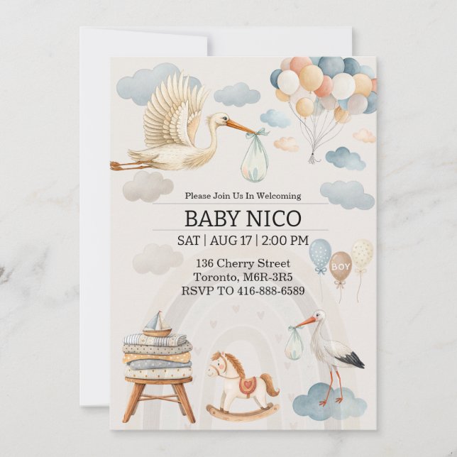 Soft Watercolor Stork Baby Shower Invitation (Front)