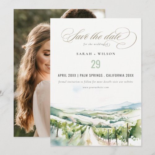 Soft Watercolor Vineyard Landscape Wedding Photo Save The Date