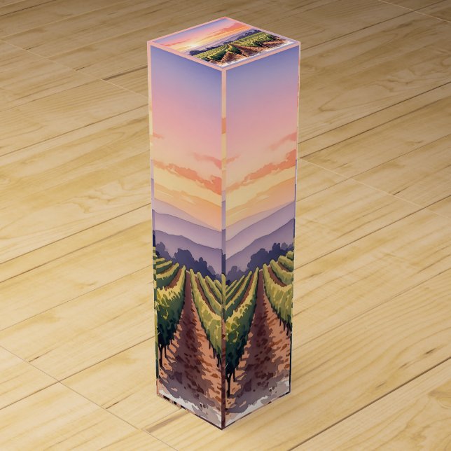 Soft Watercolor Vineyard Sunset Wine Box (Front)