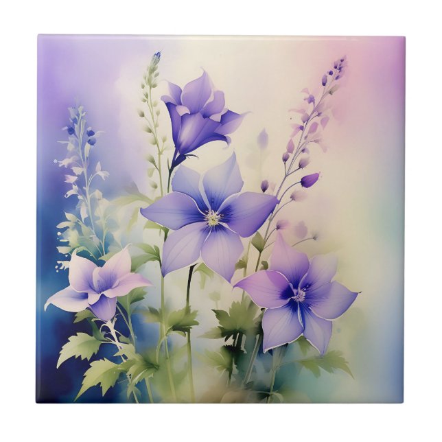 Soft Watercolor Wash Delicate Campanula Flowers Ceramic Tile (Front)