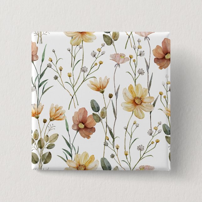 Soft Watercolor Wildflower Botanical Boho Pattern Button (Front)