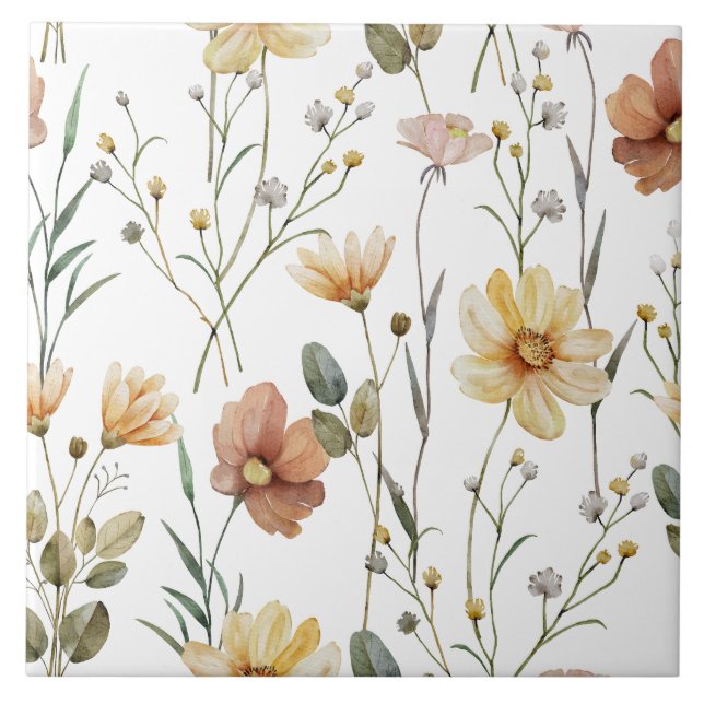 Soft Watercolor Wildflower Botanical Boho Pattern Ceramic Tile (Front)