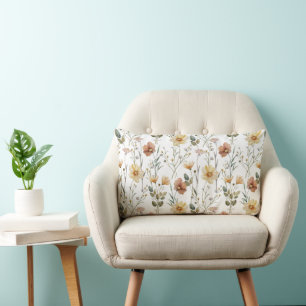 Soft Watercolor Wildflower Botanical Boho Pattern Lumbar Pillow