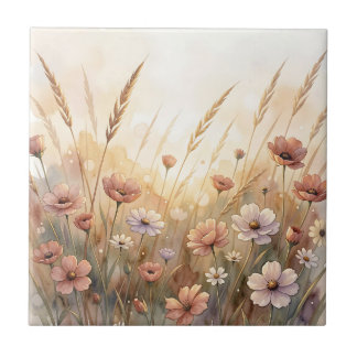 Soft Watercolor Wildflower Meadow Peach Blooms Ceramic Tile