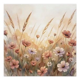 Soft Watercolor Wildflower Meadow Peach Blooms Poster