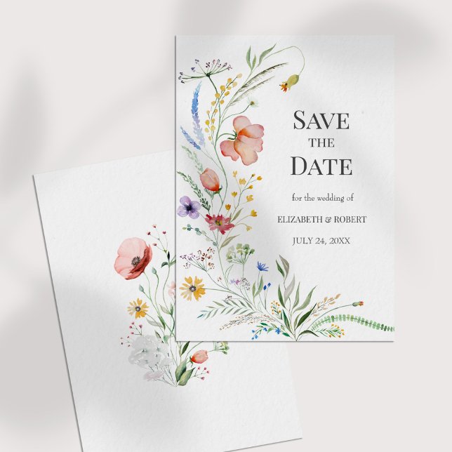 Soft Watercolor Wildflowers Save the Date Card (Boho Watercolor Wildflowers Save The Date Card on a white table)