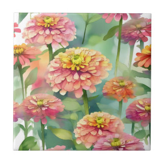 Soft Watercolor Zinnia Floral Ceramic Tile