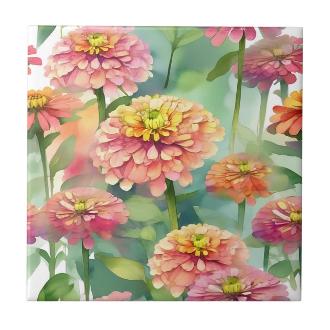 Soft Watercolor Zinnia Floral Ceramic Tile (Front)
