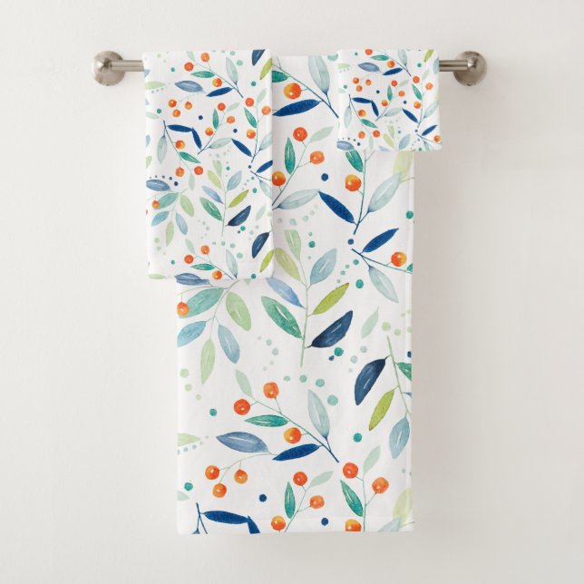 Soft Watercolors Botanical pattern Illustration Bath Towel Set (Insitu)