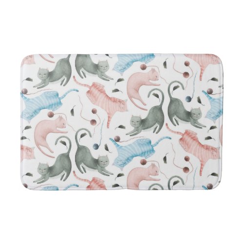 Soft Watercolors Cats  Yarn Pattern Illustration Bath Mat