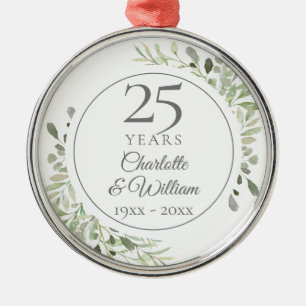 Soft Watercolour Greenery 25th Anniversary Metal Ornament