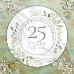 Soft Watercolour Leaves 25th Anniversary Classic Round Sticker<br><div class="desc">Featuring delicate soft watercolour leaves,  this chic botanical 25th wedding anniversary design can be personalised with your special anniversary information in elegant silver text. Designed by Thisisnotme©</div>