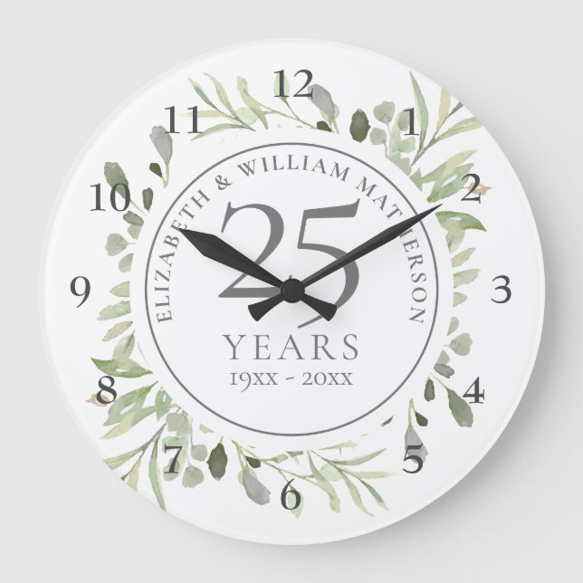 Soft Watercolour Leaves 25th Anniversary Large Clock (Front)