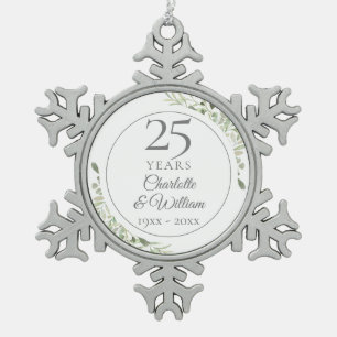 Soft Watercolour Leaves 25th Anniversary Snowflake Pewter Christmas Ornament