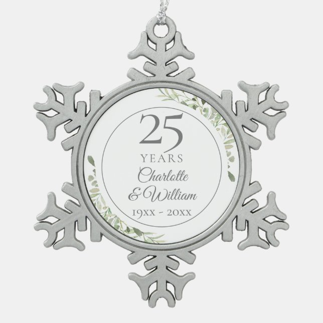 Soft Watercolour Leaves 25th Anniversary Snowflake Pewter Christmas Ornament (Front)