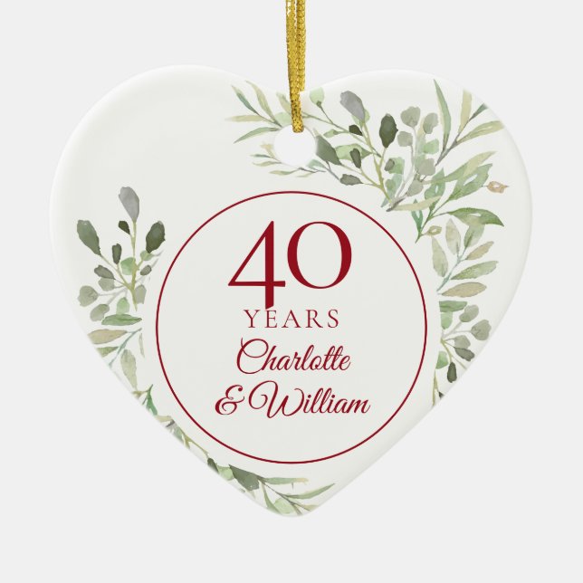 Soft Watercolour Leaves 40th Anniversary Ceramic Ornament (Front)