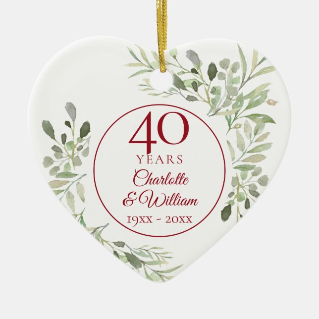 Soft Watercolour Leaves 40th Anniversary Photo Ceramic Ornament (Front)