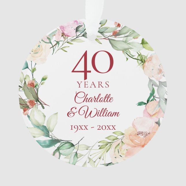 Soft Watercolour Leaves 40th Anniversary Photo Ornament (Front)