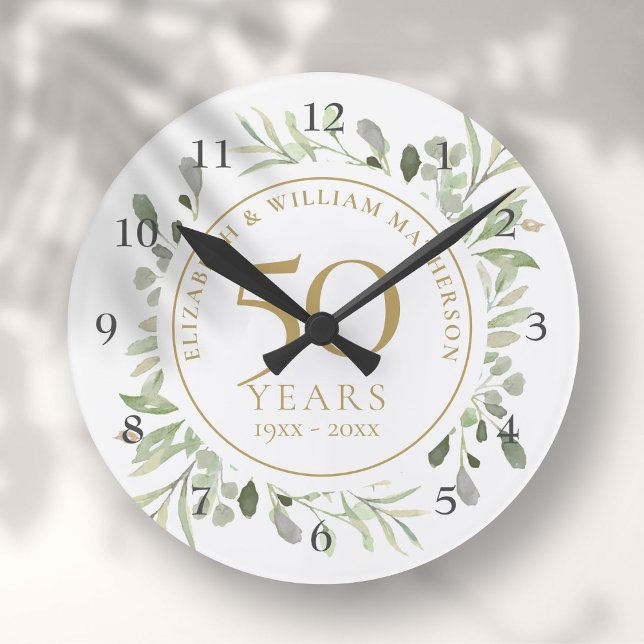 Soft Watercolour Leaves 50th Anniversary Round Clock (Soft Watercolour Leaves 50th Anniversary Round Clock)