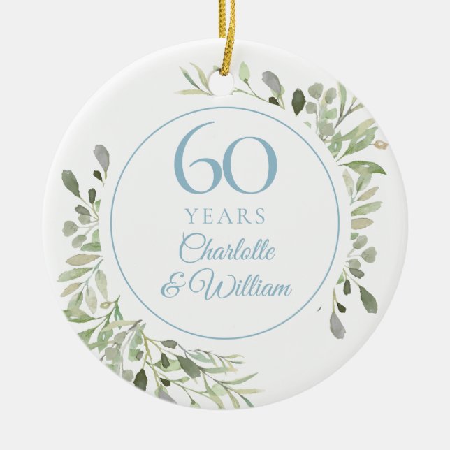 Soft Watercolour Leaves 60th Anniversary Ceramic Ornament (Front)