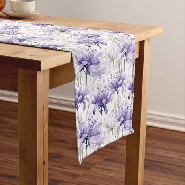 Soft Watercolour Purple Floral Patterned Short Table Runner (In Situ)