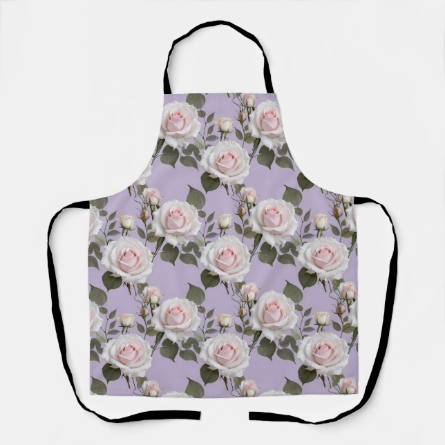 Soft White And Blush Pink Roses On Smoky Lavender Apron (Front)