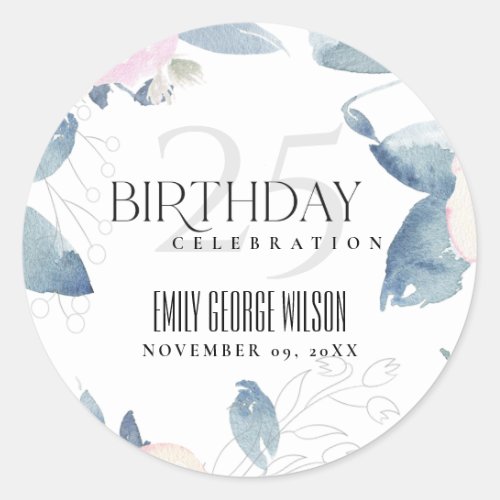 SOFT WHITE BLUSH BLUE FLORAL ANY AGE 25TH BIRTHDAY CLASSIC ROUND STICKER