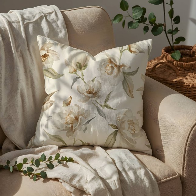 Soft White Camellia Floral Pattern Throw Pillow (Creator Uploaded)