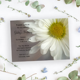 Soft White Daisy on Gray Birthday Party Invitation