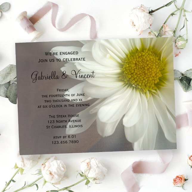 Soft White Daisy on Gray Engagement Party Invitation (Creator Uploaded)