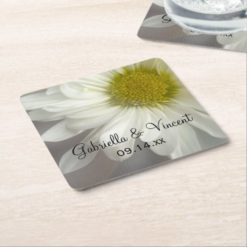 Soft White Daisy on Gray Wedding Square Paper Coaster