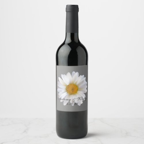 Soft White Daisy on Gray Wedding  Wine Label