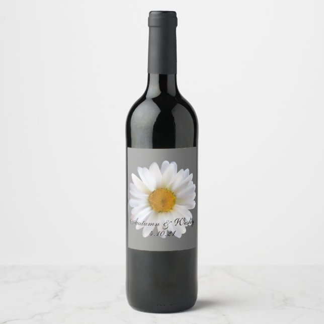 Soft White Daisy on Gray Wedding  Wine Label (Front)