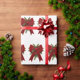 Soft White Elegant Red Bow & Berry Christmas Wrapping Paper