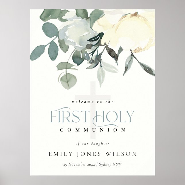 SOFT WHITE FLORAL FIRST HOLY COMMUNION WELCOME POSTER (Front)
