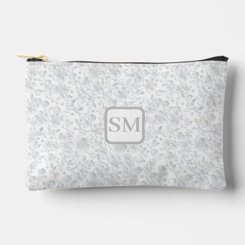 Soft White Grey Floral Monogram  Accessory Pouch