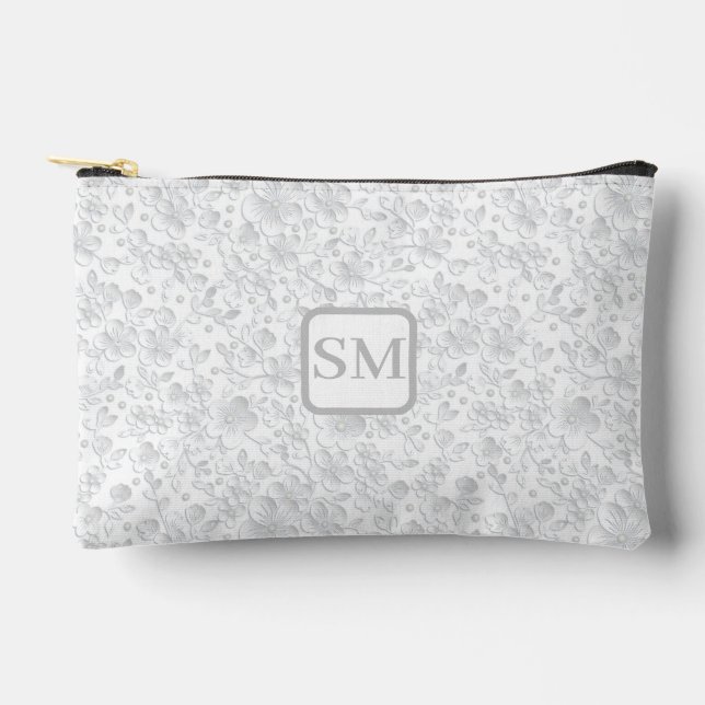 Soft White Grey Floral Monogram  Accessory Pouch (Front)