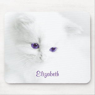 Soft White Kitten with Purple Eyes Personalized Mouse Pad