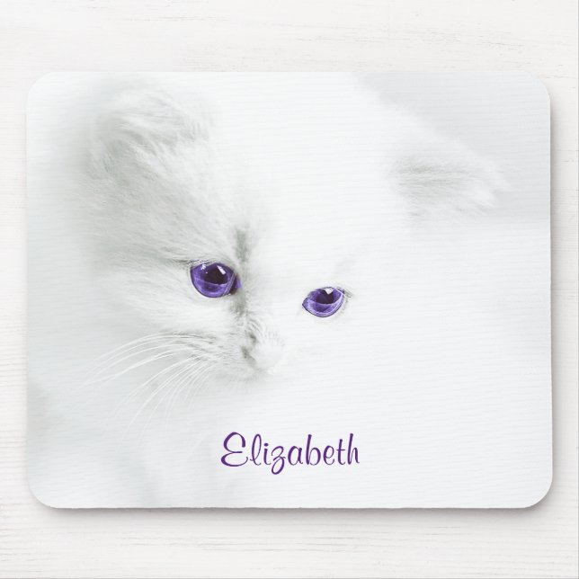 Soft White Kitten with Purple Eyes Personalized Mouse Pad (Front)
