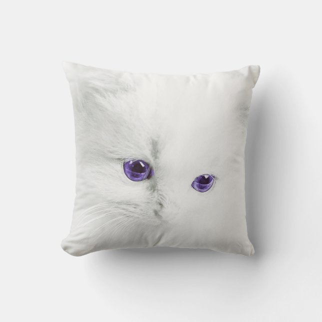 Soft White Kitten with Purple Eyes Throw Pillow (Front)