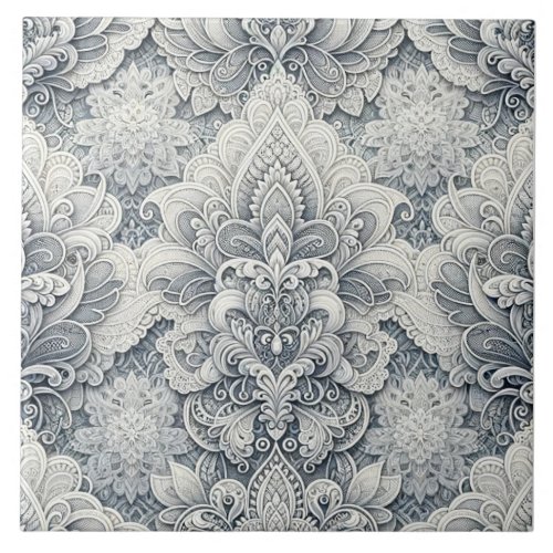 Soft White Lace Silver Accents Seamless Luxury Ceramic Tile