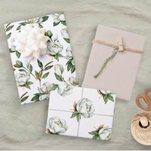 Soft White Magnolia Floral Bridal Wedding Wrapping Paper Sheets